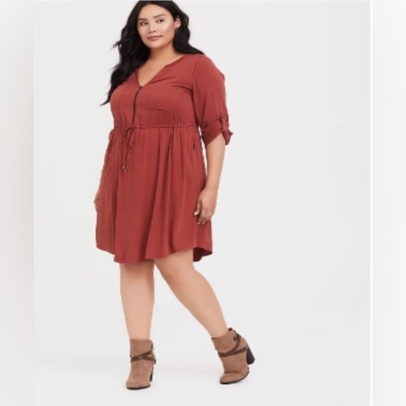 TORRID Brick Red Challis Drawstring Shirt Dress Size 2X (2) - Picture 1 of 10